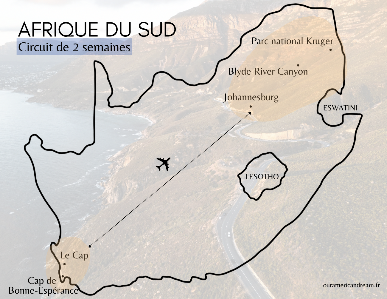 Carte itinéraire deux semaines en Afrique du Sud